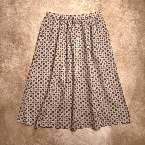Vintage 70s Floral Polka Dot Print Midi Skirt Tan A Line Boho Retro Mod Hippie - Picture 2 of 7